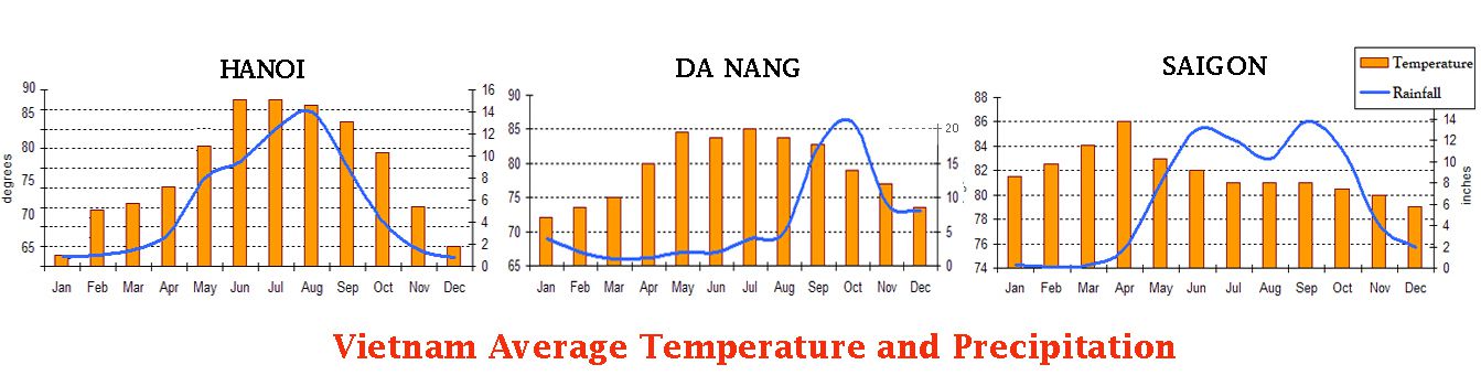 The chart describe average temperature and precipitation throughout Vietnam.