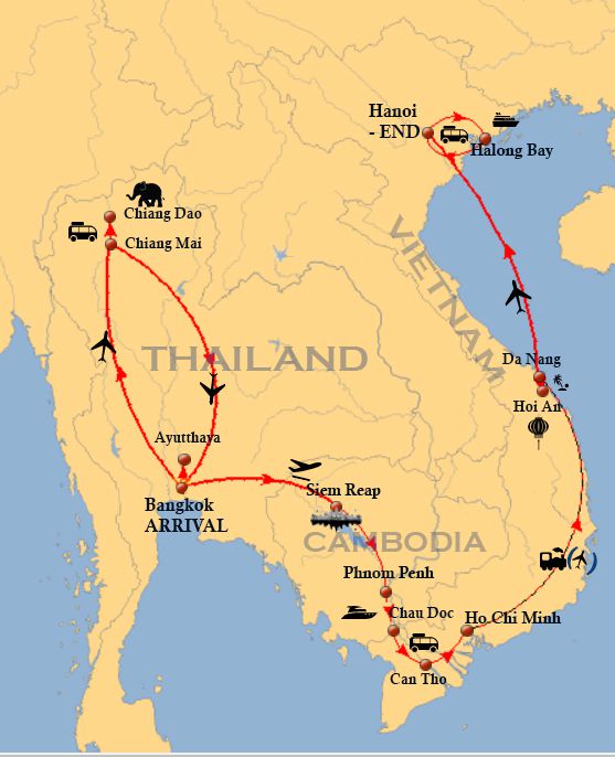 Maps for the tour from Thailand to Cambodia and Vietnam in 21 days