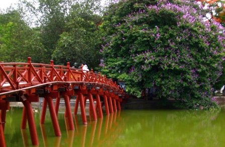 The Huc Bridge with the historical beauty, in accompanied with Ngoc Son temple.