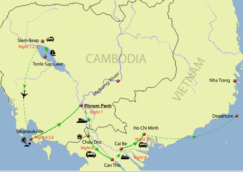 Route map of Cambodia and  Vietnam Tour