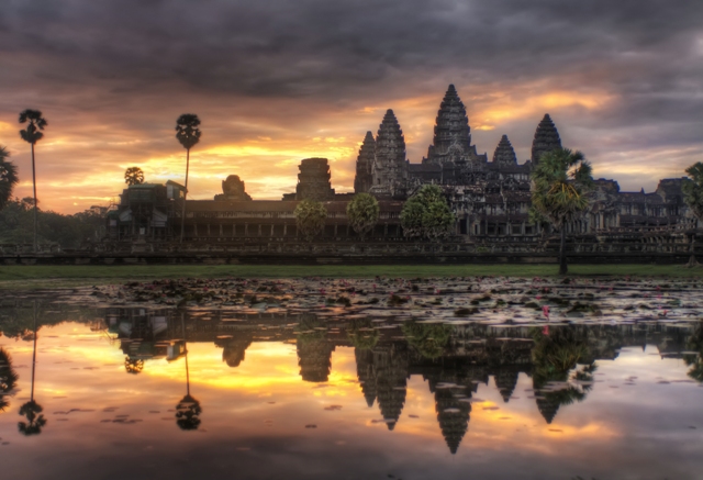 The masterpiece of Angkor Wat in its classical scene when the sun is rising