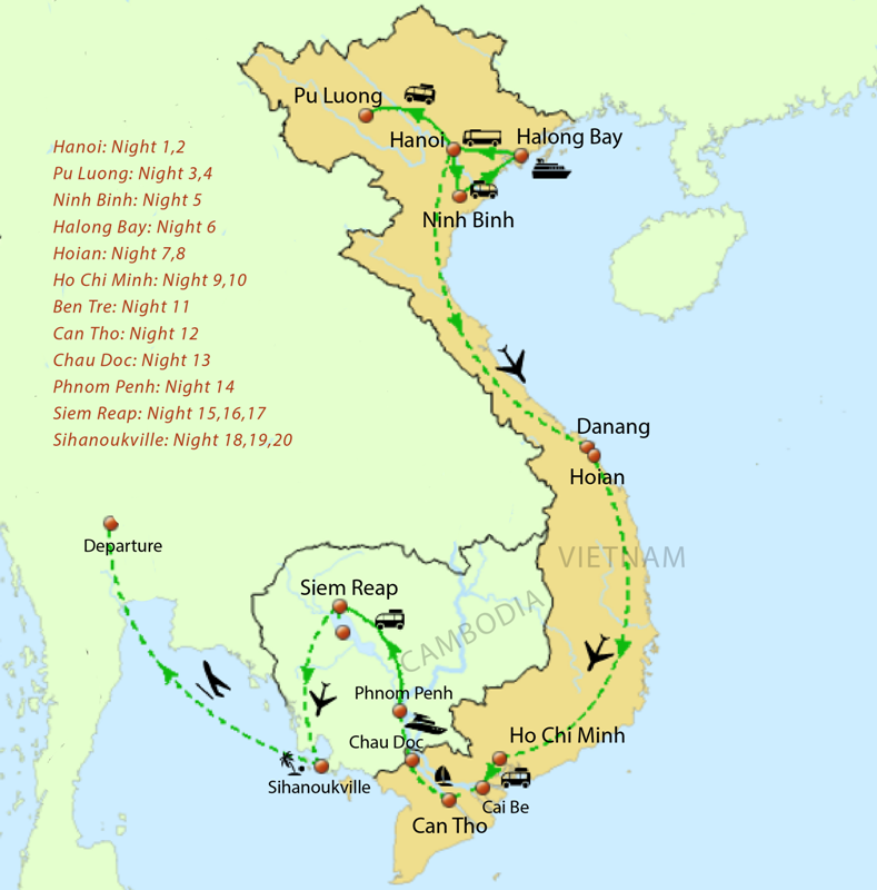 Route map of Vietnam Cambodia 21 day Tour